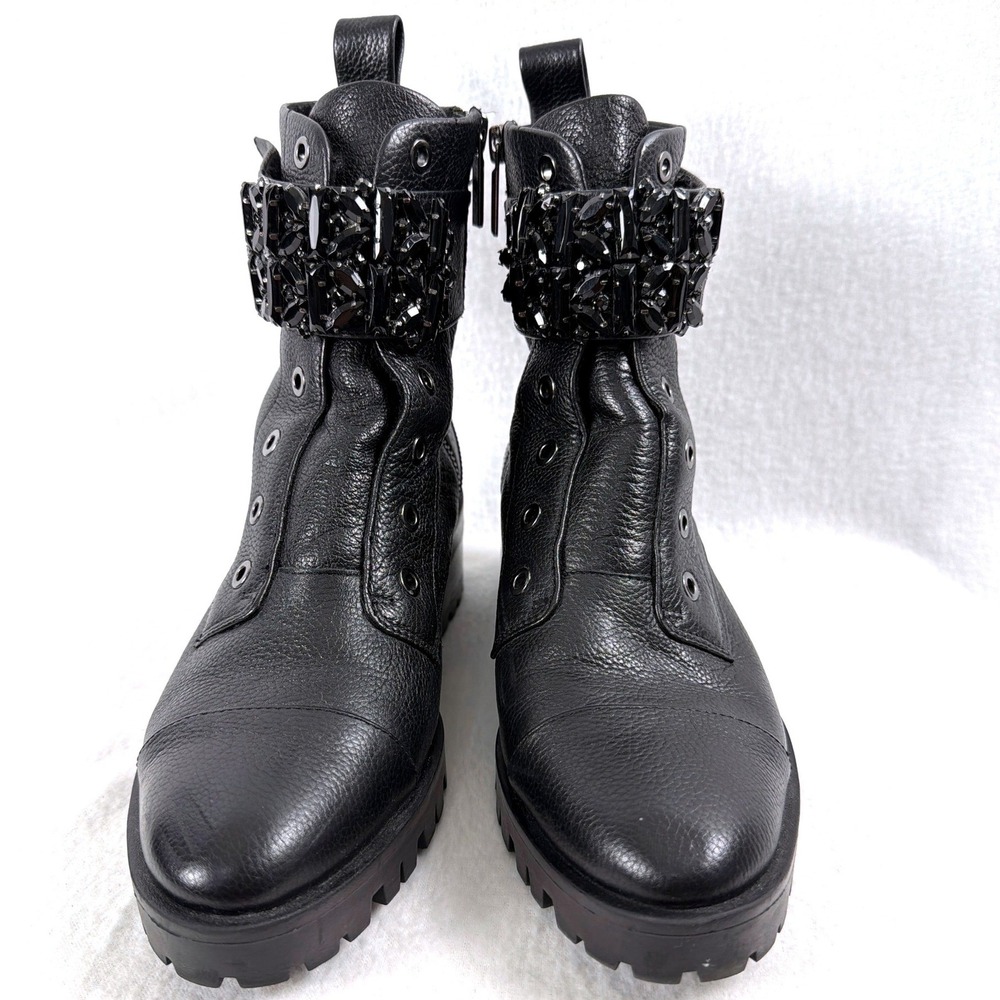 Karl Lagerfeld Paris Pippa Black Leather Crystal Combat Boots 8.5M 39B